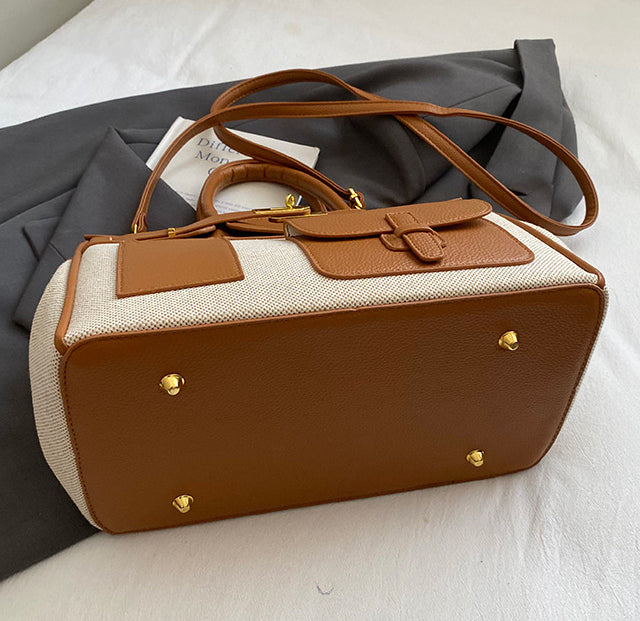 Structured Canvas Panel Top Handle Satchel - Brown - 3