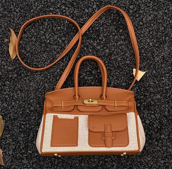 Structured Canvas Panel Top Handle Satchel - Brown - 4