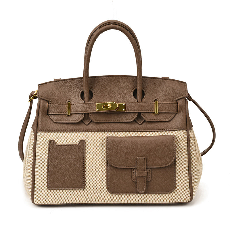 Structured Canvas Panel Top Handle Satchel - Coffee