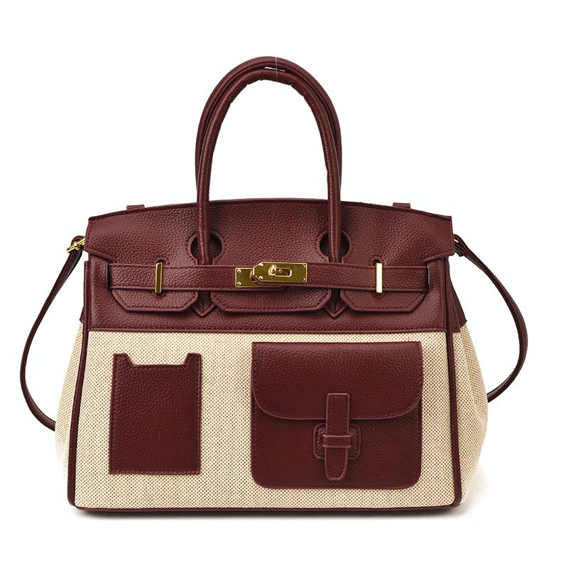 Structured Canvas Panel Top Handle Satchel - Red