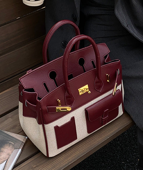 Structured Canvas Panel Top Handle Satchel - Red - 1