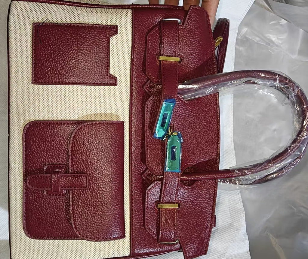 Structured Canvas Panel Top Handle Satchel - Red - 2