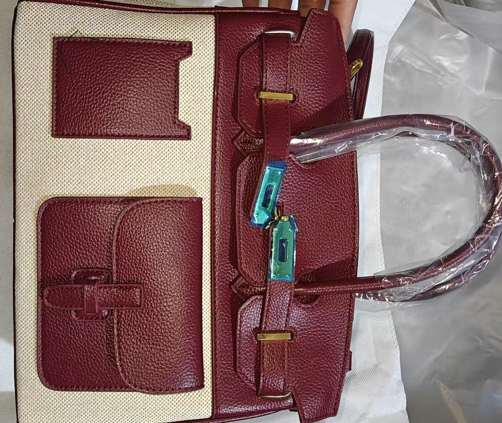 Structured Canvas Panel Top Handle Satchel - Red - 2