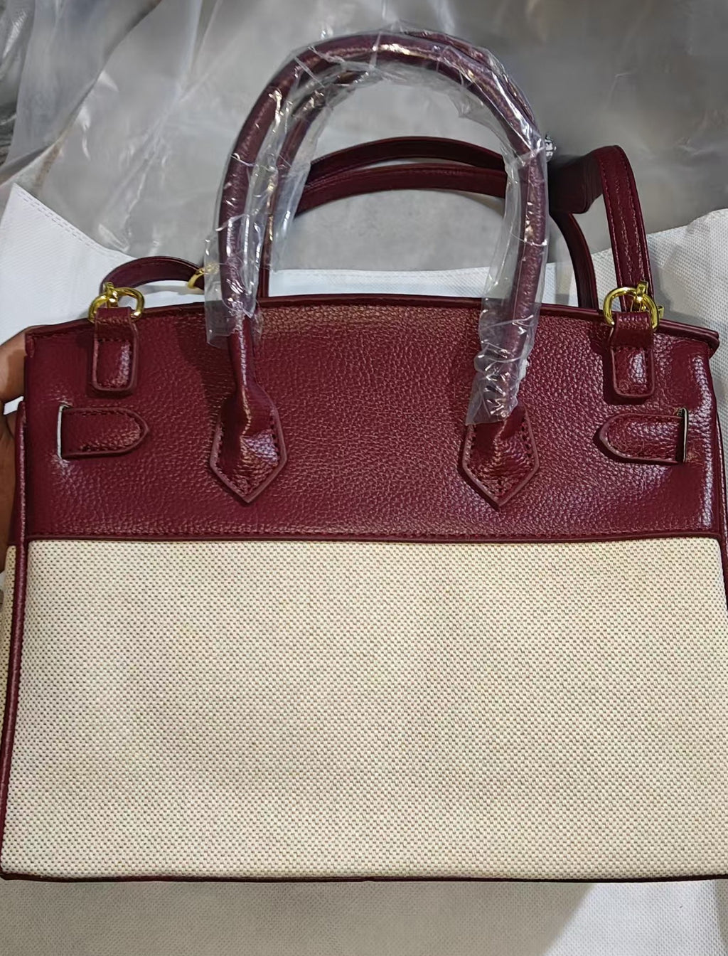 Structured Canvas Panel Top Handle Satchel - Red - 4
