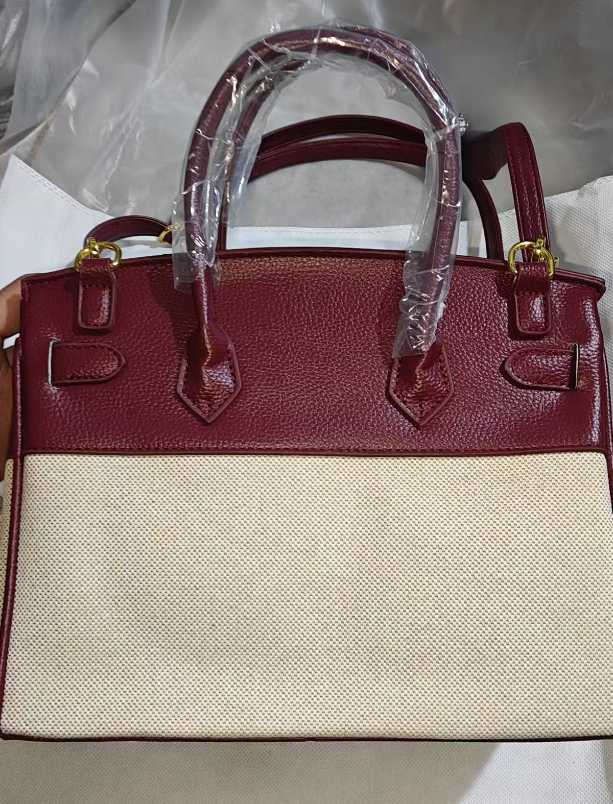 Structured Canvas Panel Top Handle Satchel - Red - 4