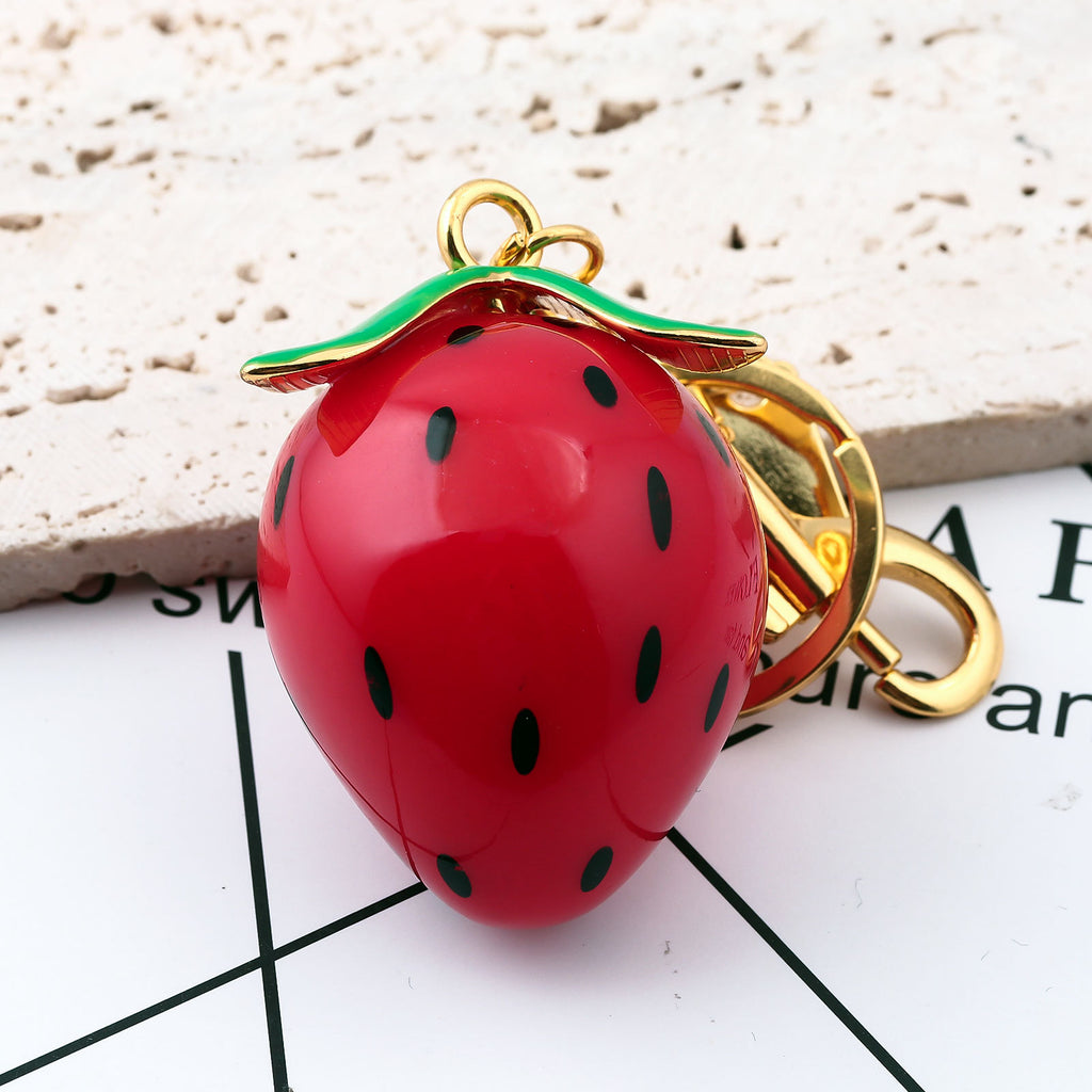 Glossy Strawberry Charm Bag Keychain - Red - 4