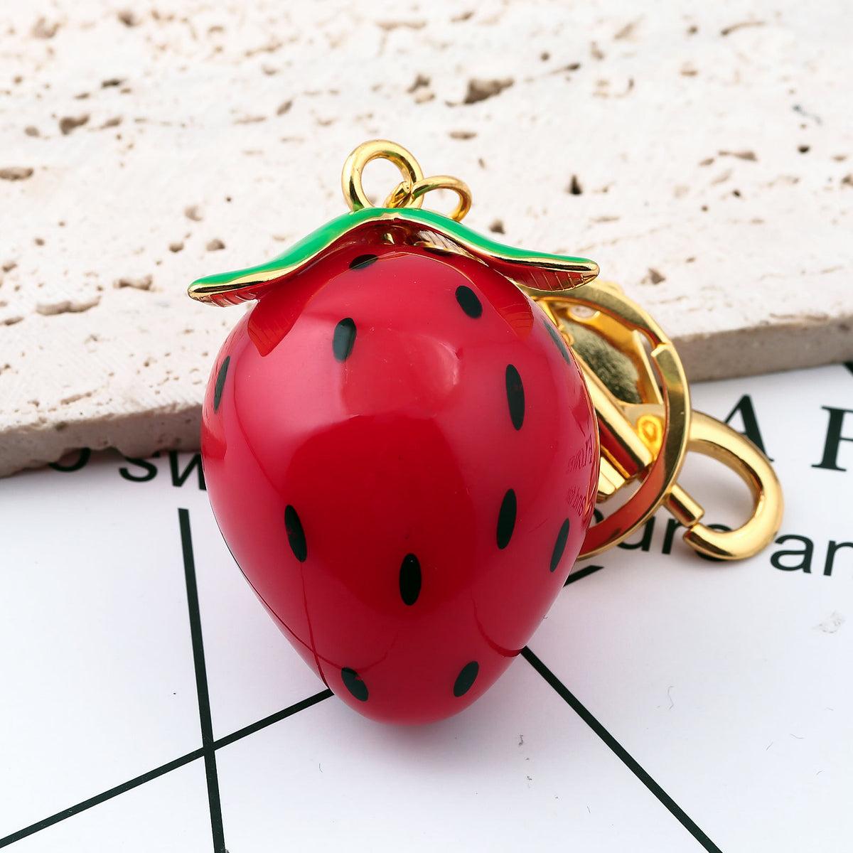 Glossy Strawberry Charm Bag Keychain - Red - 4