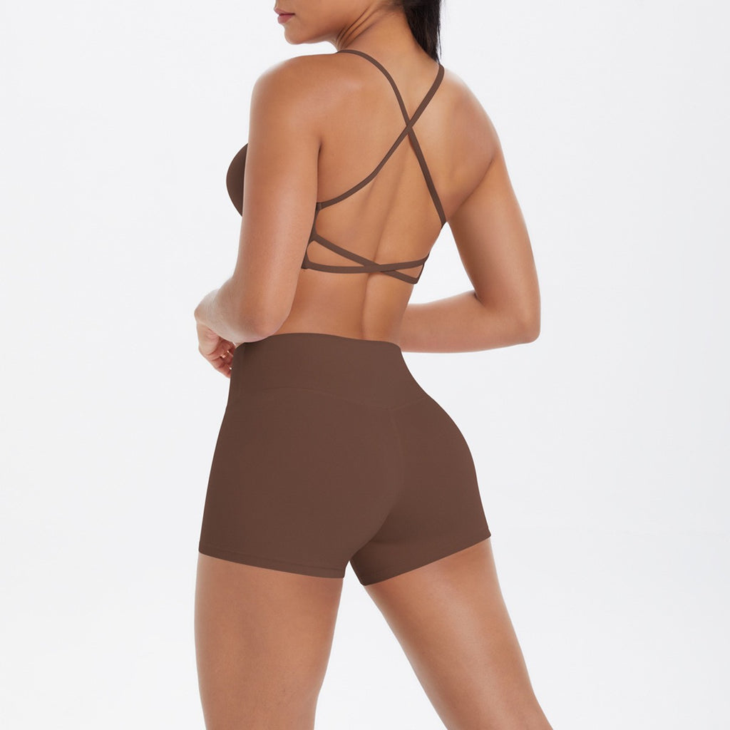 Brushed Crisscross Back Bra and Shorts Yoga Set - Chestnut