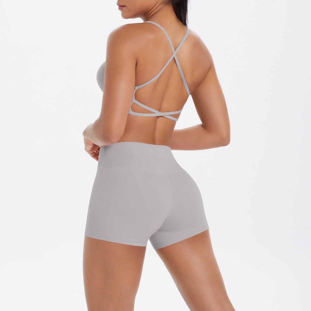 Brushed Crisscross Back Bra and Shorts Yoga Set - Frost Grey