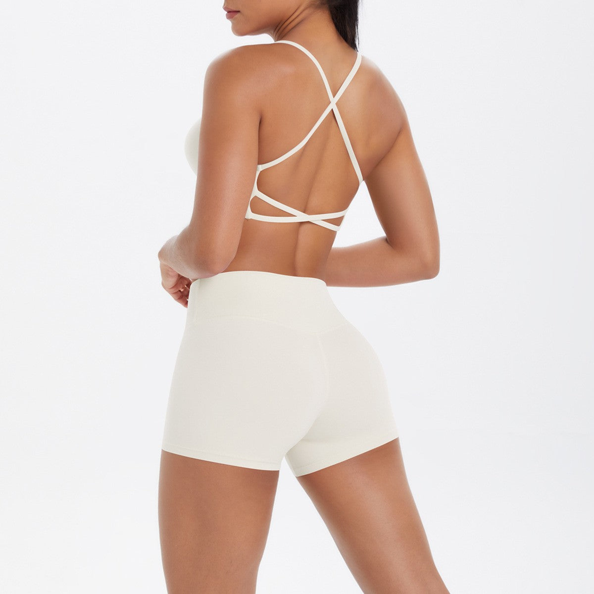 Brushed Crisscross Back Bra and Shorts Yoga Set - Ivory