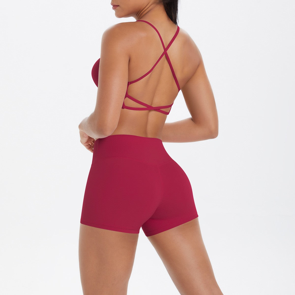 Brushed Crisscross Back Bra and Shorts Yoga Set - Rouge Red