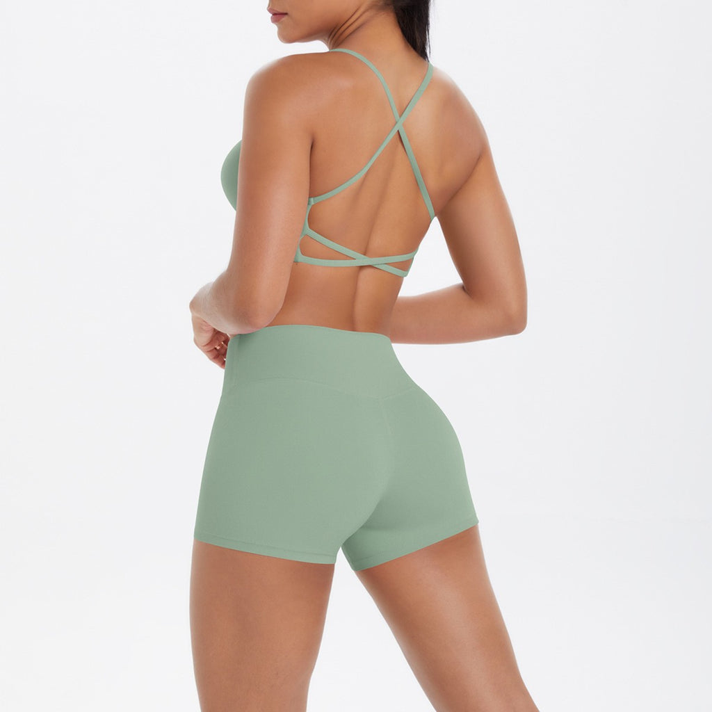 Brushed Crisscross Back Bra and Shorts Yoga Set - Sage Green