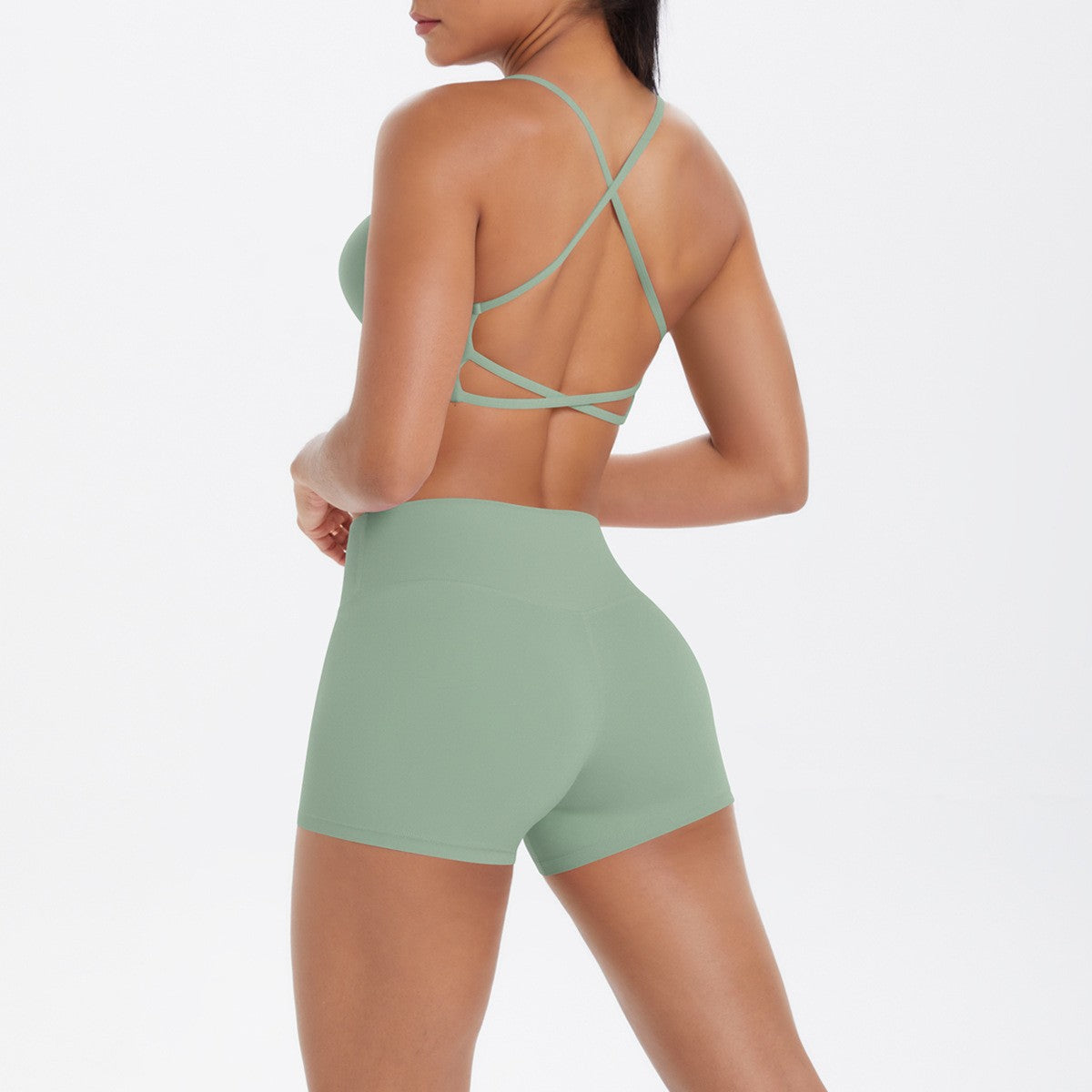 Brushed Crisscross Back Bra and Shorts Yoga Set - Sage Green
