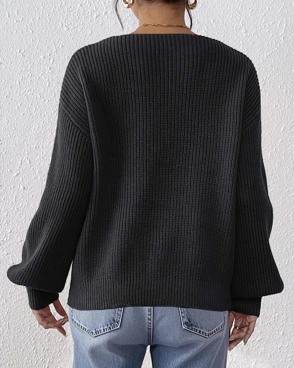 Flower Applique V Neck Ribbed Sweater - Black - 2