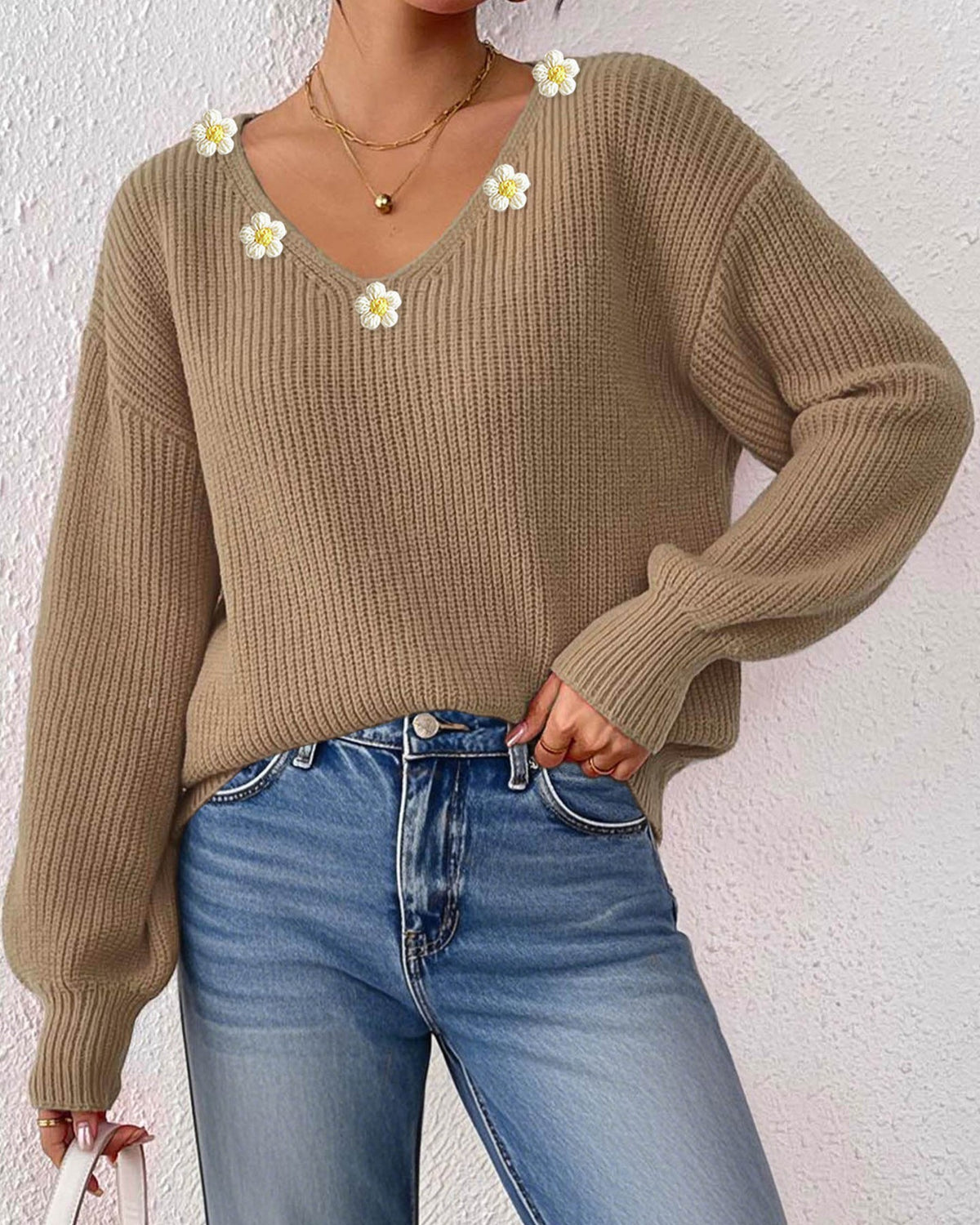 Flower Applique V Neck Ribbed Sweater - Camel