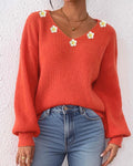 Flower Applique V Neck Ribbed Sweater - Orange