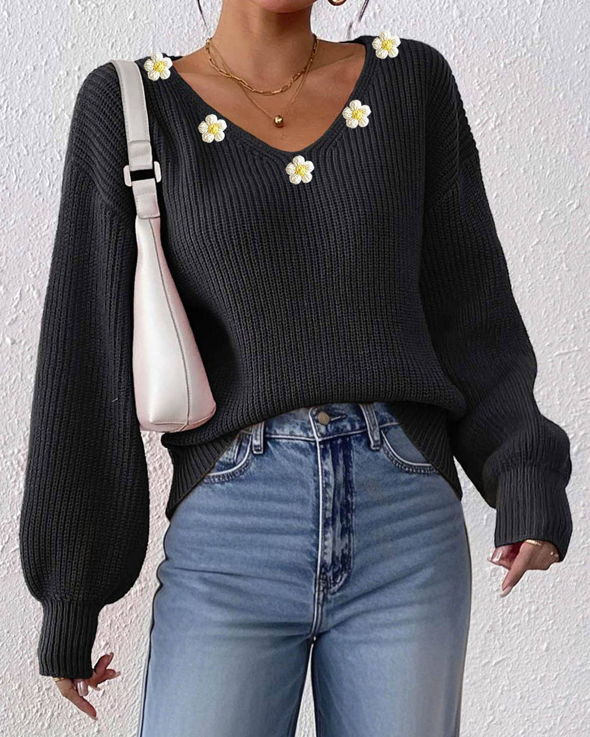 Flower Applique V Neck Ribbed Sweater