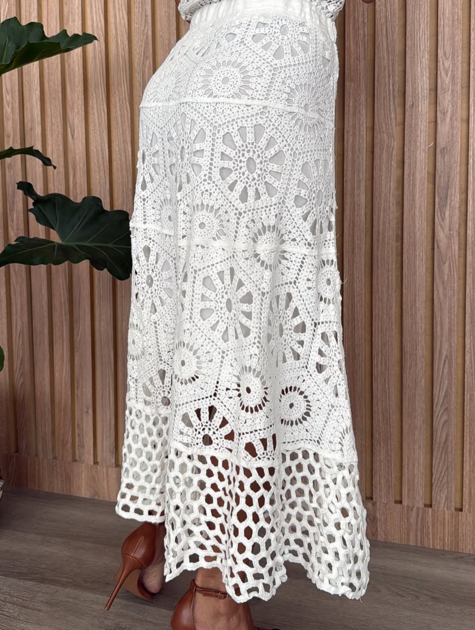 Floral Openwork Crochet Boho Western Maxi Skirt - White - 2