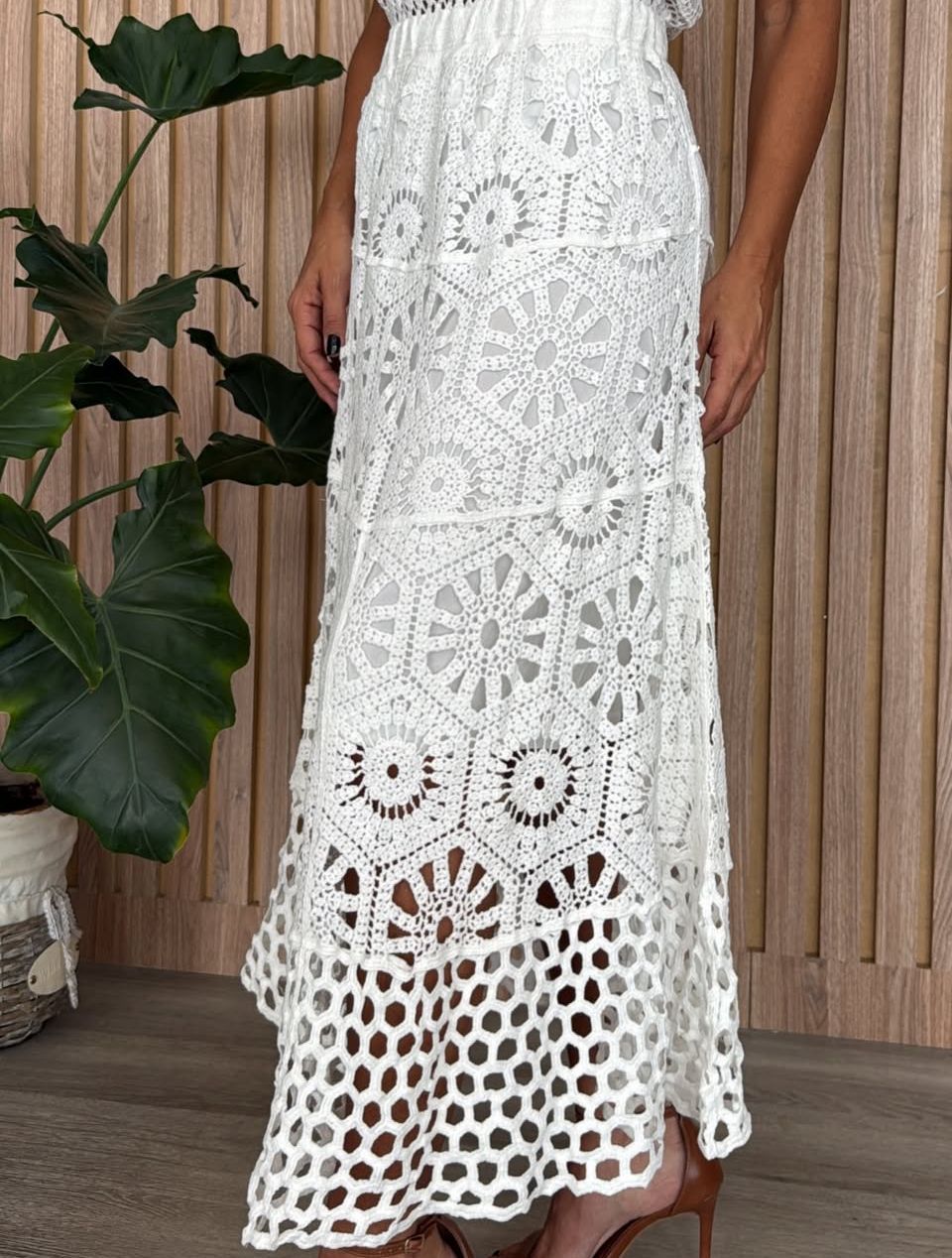 Floral Openwork Crochet Boho Western Maxi Skirt - White - 4