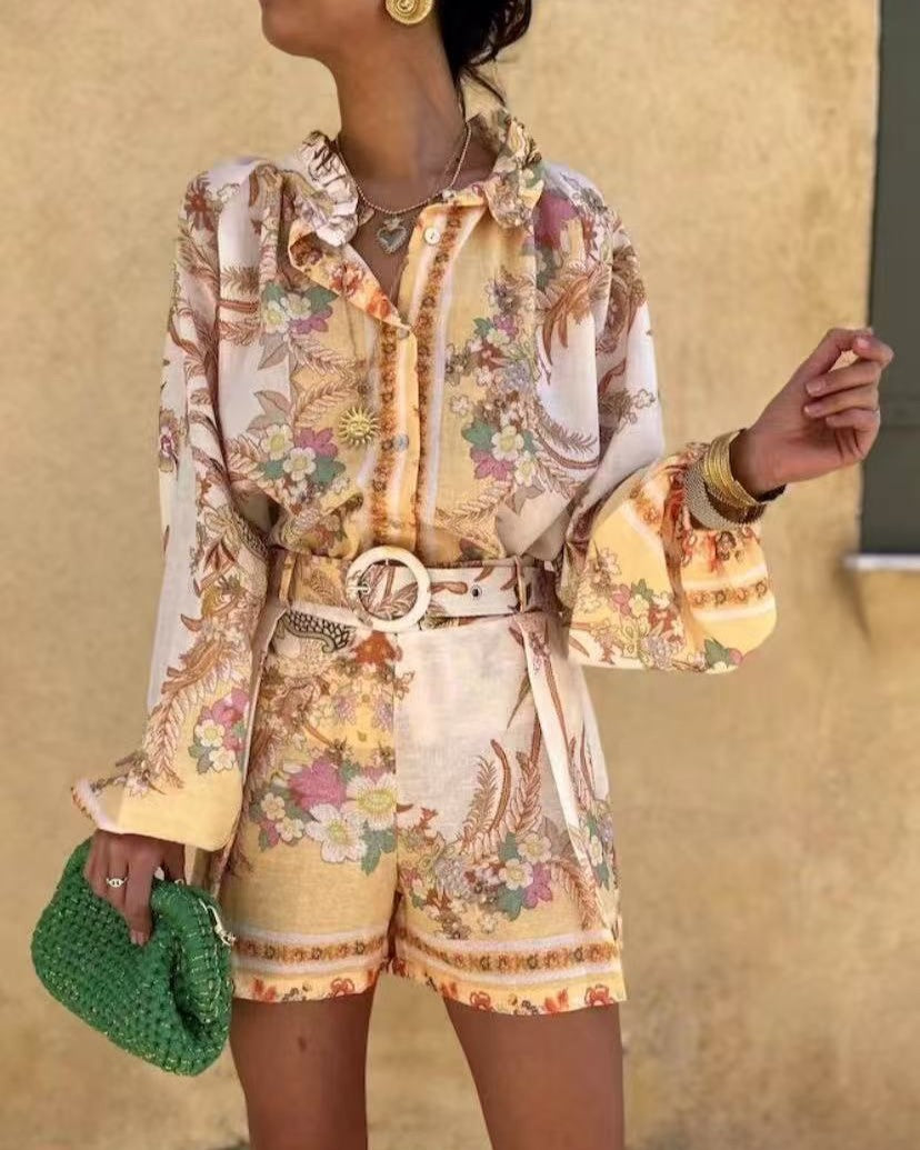 Baroque Print Balloon Sleeve Shorts Set - Floral