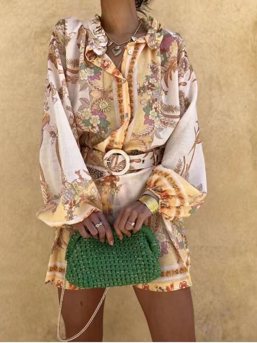 Baroque Print Balloon Sleeve Shorts Set - Floral - 1
