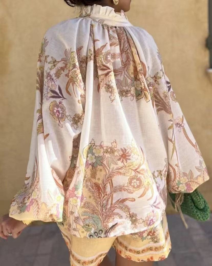 Baroque Print Balloon Sleeve Shorts Set - Floral - 2