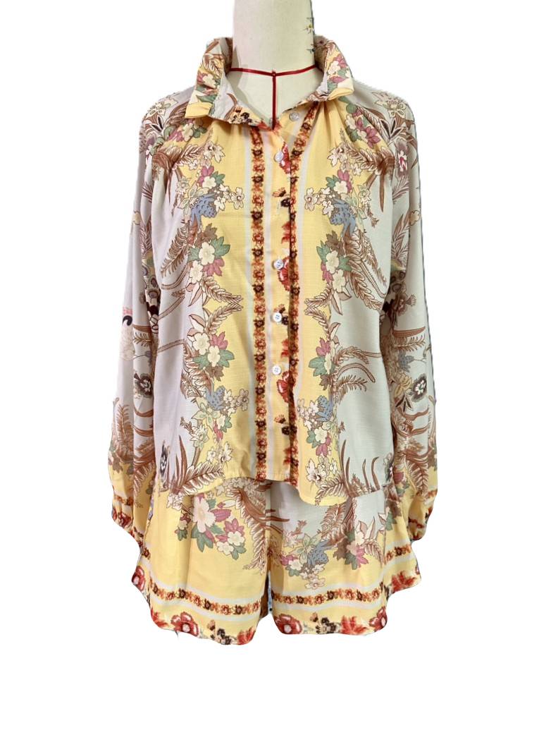 Baroque Print Balloon Sleeve Shorts Set - Floral - 3