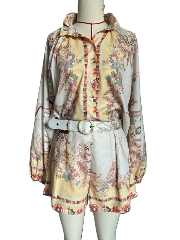 Baroque Print Balloon Sleeve Shorts Set - Floral - 4