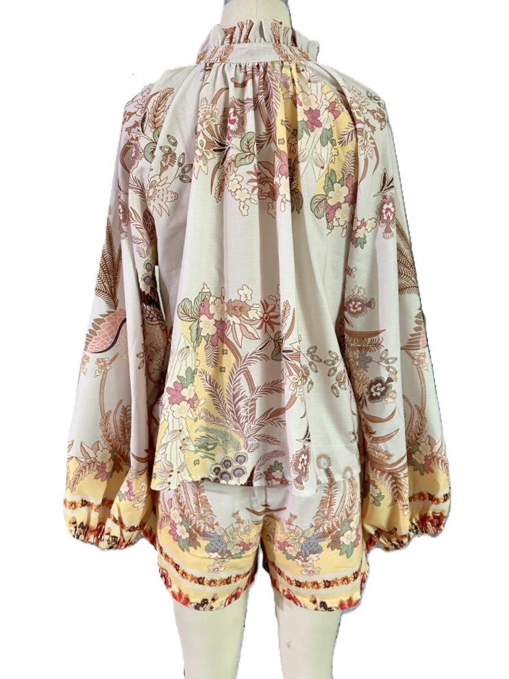 Baroque Print Balloon Sleeve Shorts Set - Floral - 5
