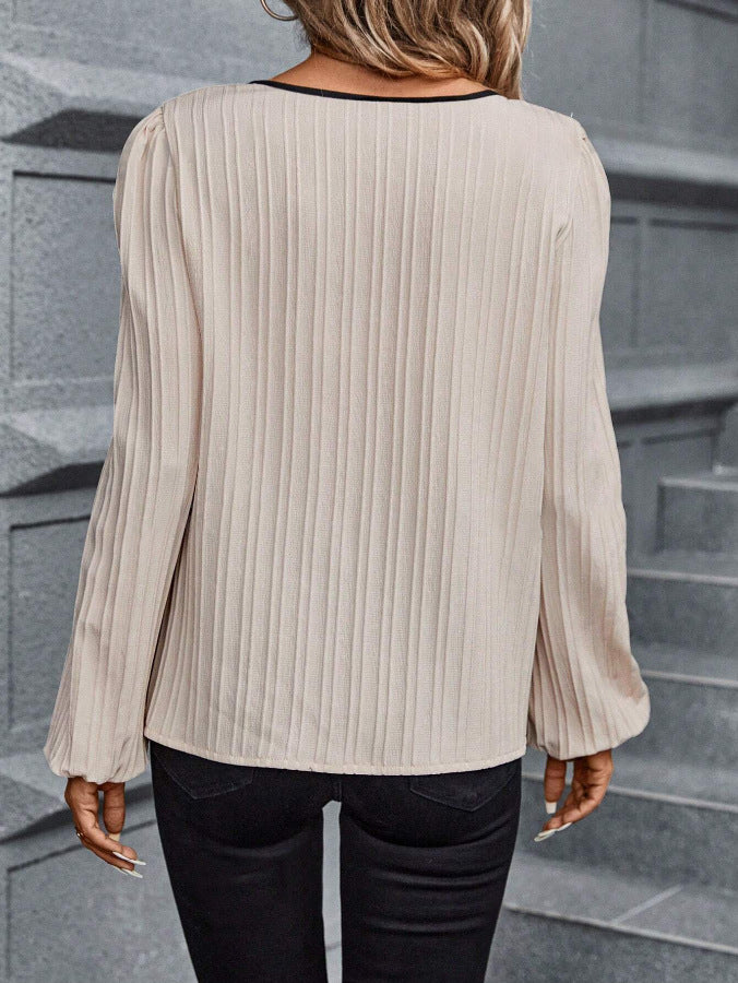 Contrast Placket Pleated Puff Sleeve Blouse - Apricot - 2