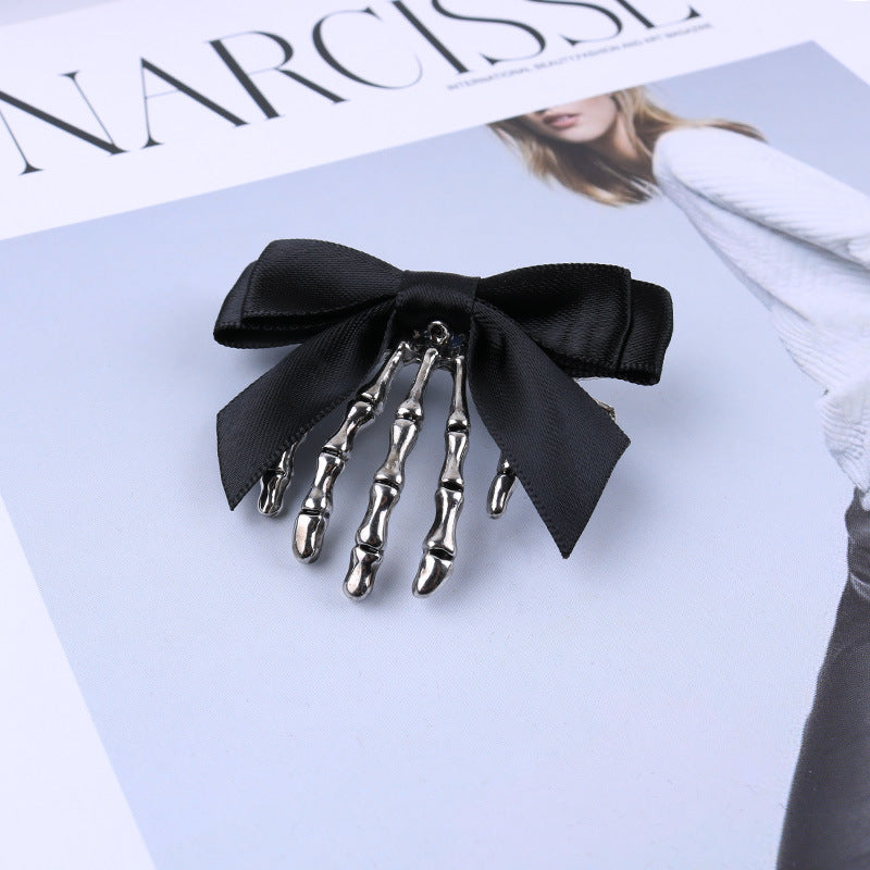 Skeleton Hand Ribbon Bow Hair Clip - Black