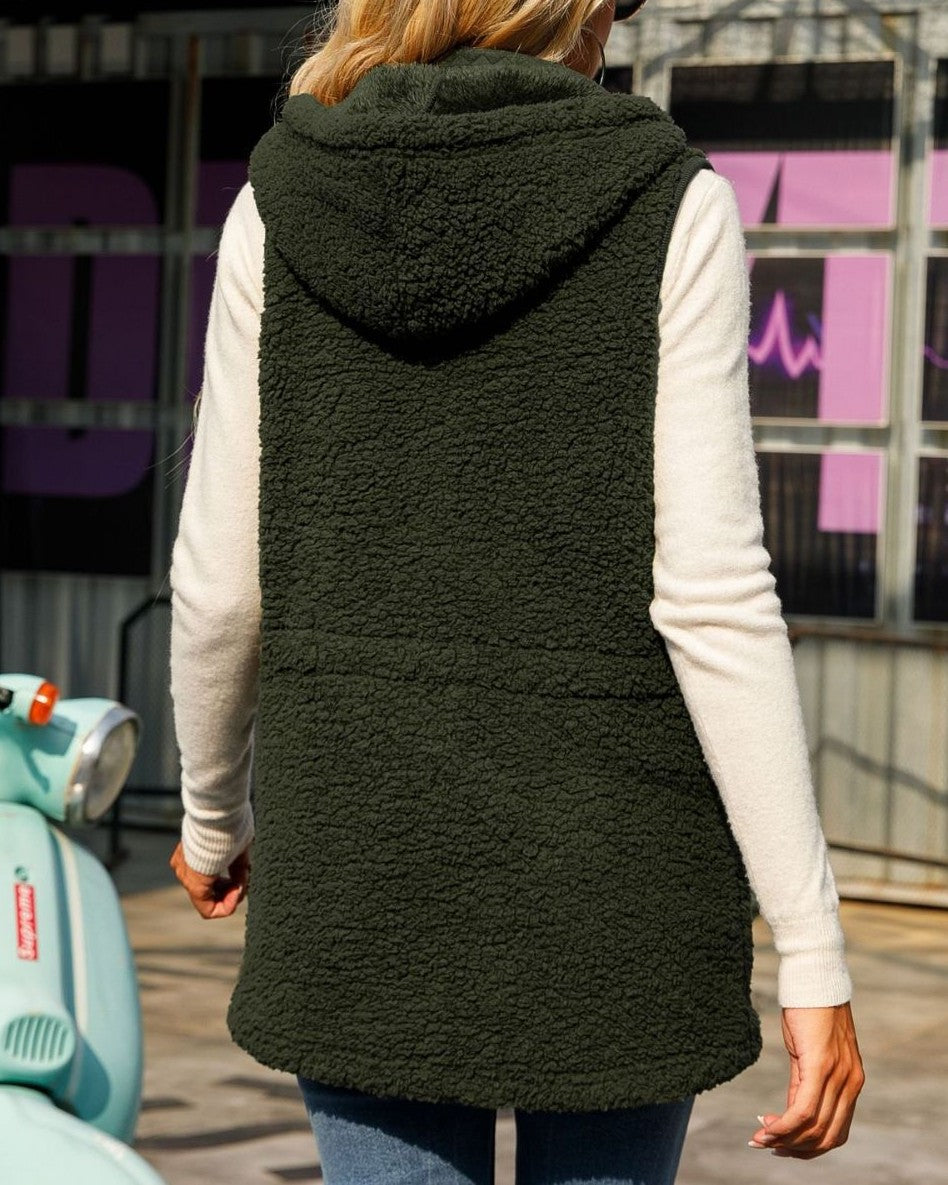 Hooded Sherpa Fleece Sleeveless Vest - Green - 3