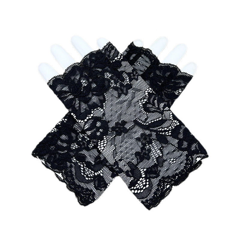 Floral Lace Fingerless Gloves - Black - 1