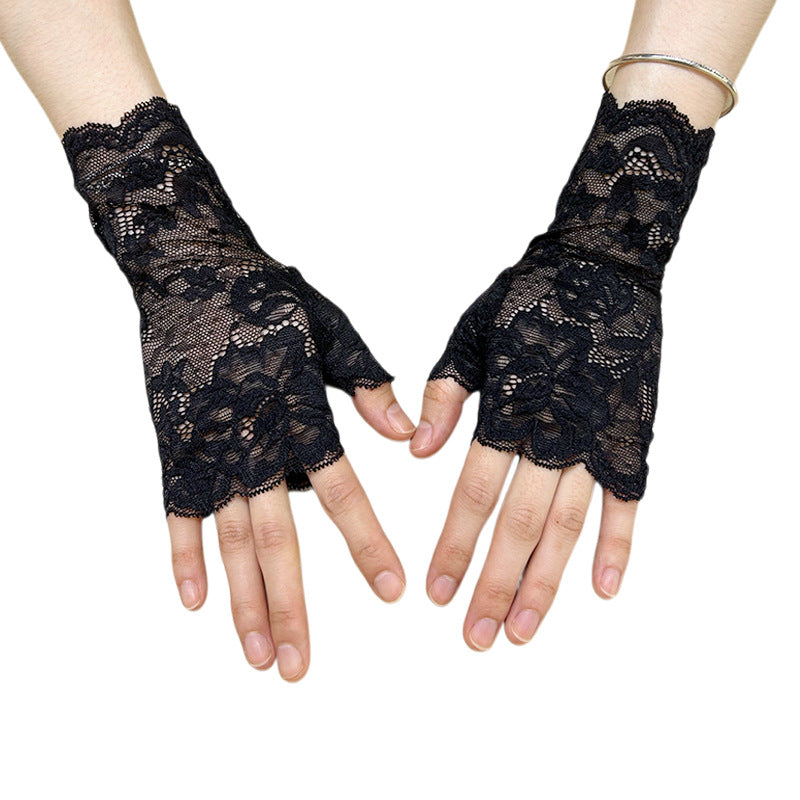 Floral Lace Fingerless Gloves - Black - 2