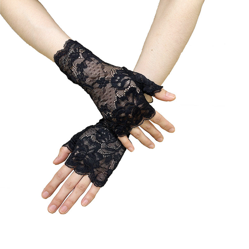 Floral Lace Fingerless Gloves - Black - 3