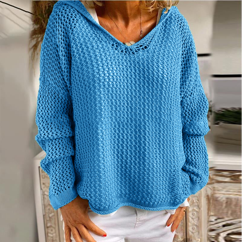 Hooded Open Knit Oversized Beach Pullover - Blue
