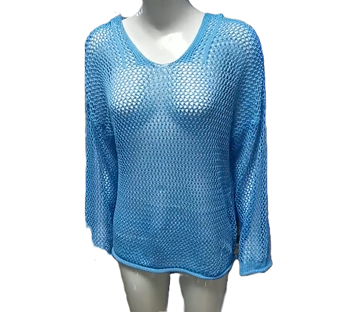 Hooded Open Knit Oversized Beach Pullover - Blue - 1