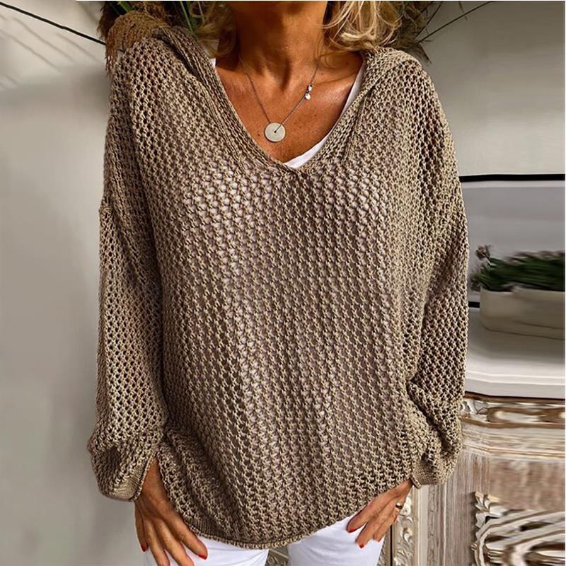 Hooded Open Knit Oversized Beach Pullover - Coffee