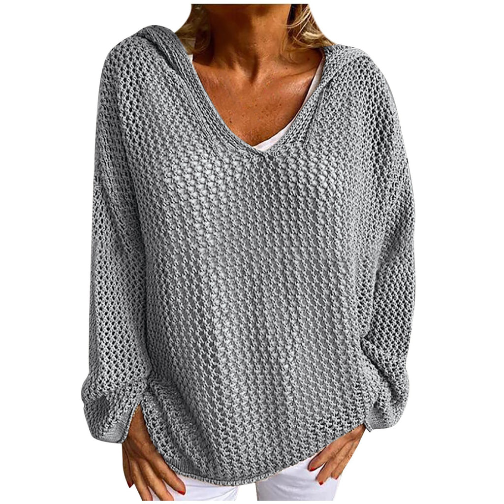 Hooded Open Knit Oversized Beach Pullover - Grey