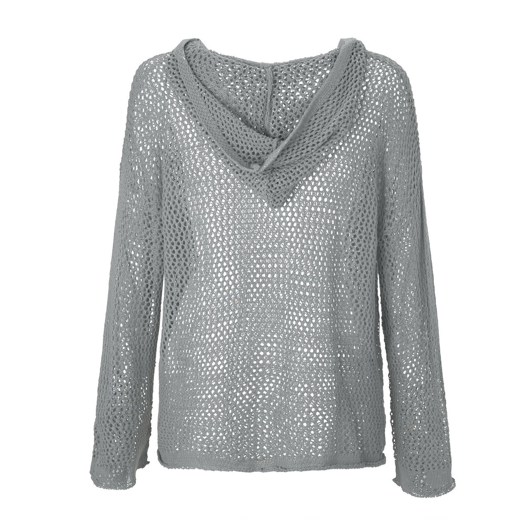 Hooded Open Knit Oversized Beach Pullover - Grey - 1