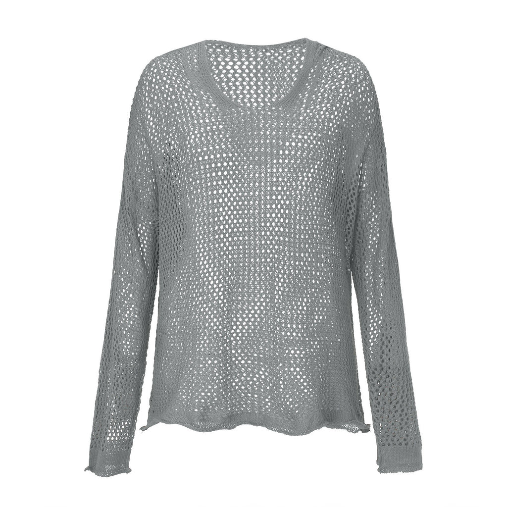 Hooded Open Knit Oversized Beach Pullover - Grey - 3