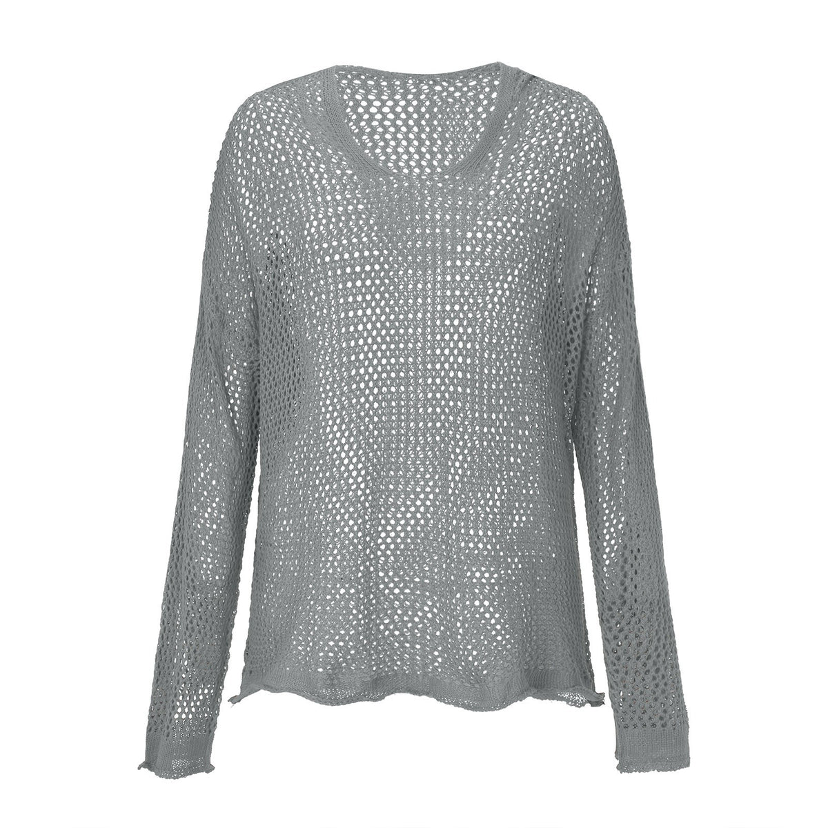 Hooded Open Knit Oversized Beach Pullover - Grey - 3
