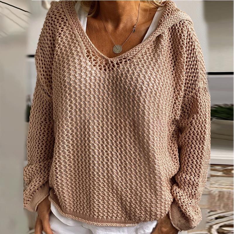 Hooded Open Knit Oversized Beach Pullover - Khaki