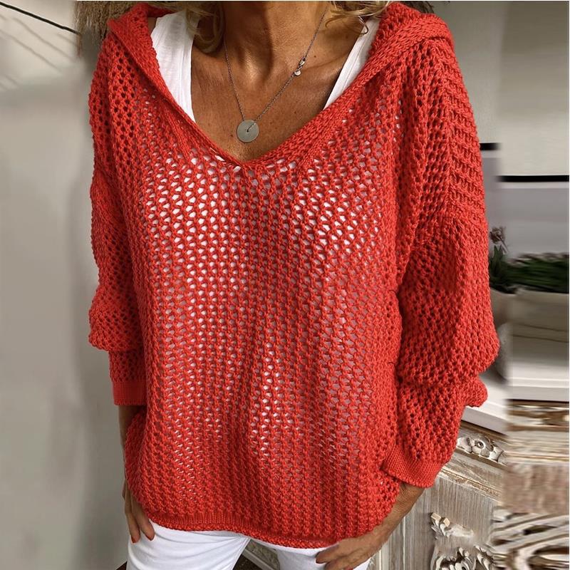 Hooded Open Knit Oversized Beach Pullover - Red