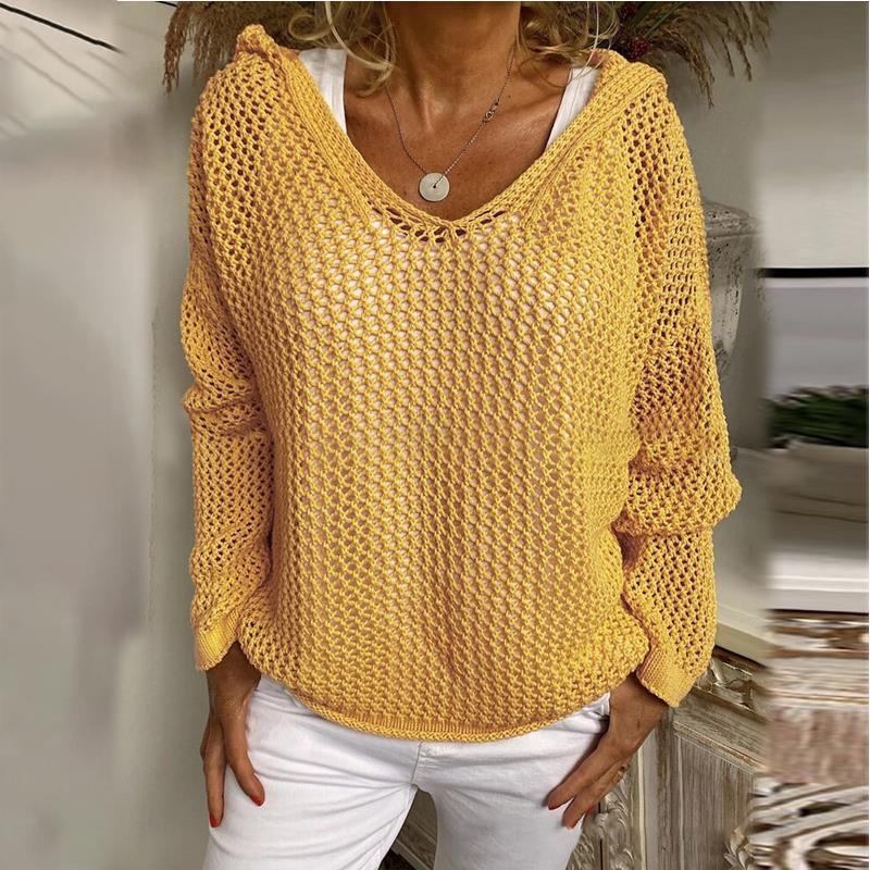 Hooded Open Knit Oversized Beach Pullover - Yellow