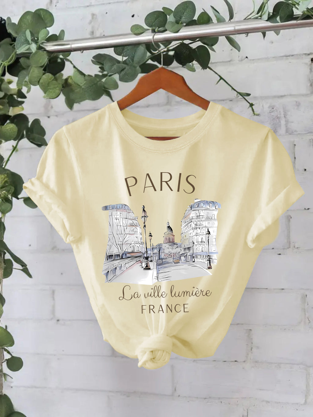 Paris Cityscape Watercolour Graphic Cotton Tee - Beige