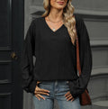 Ribbed V Neck Balloon Sleeve Knit Top - Black