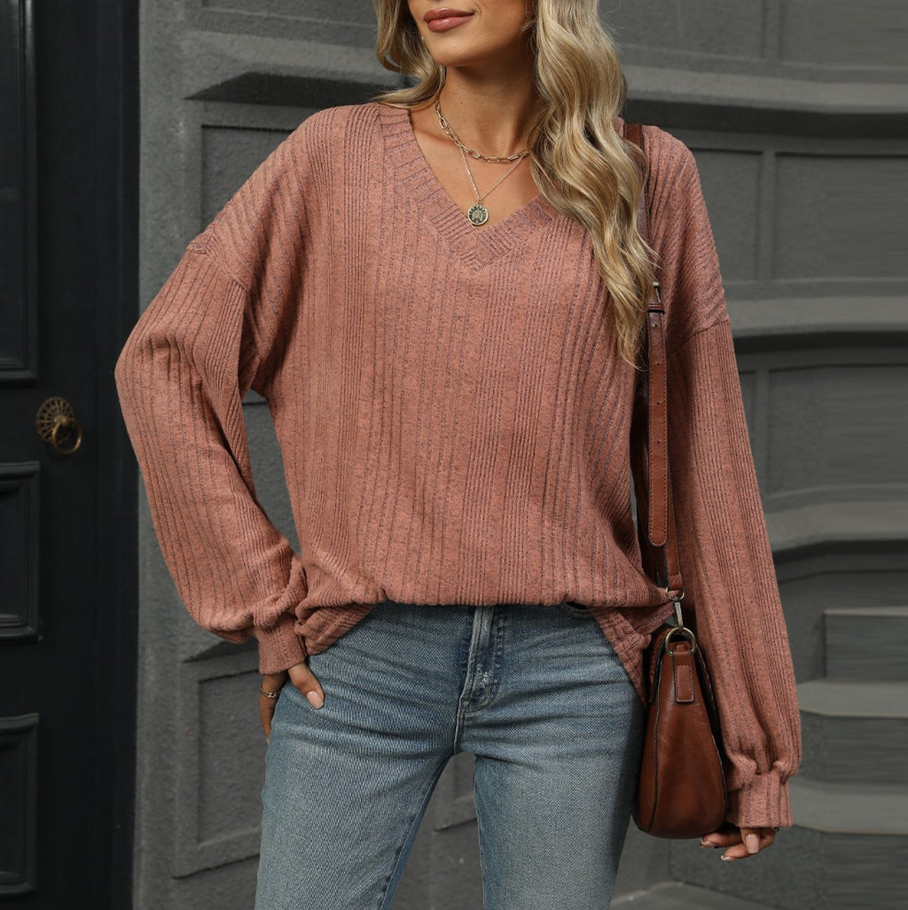 Ribbed V Neck Balloon Sleeve Knit Top - Brickred - 1