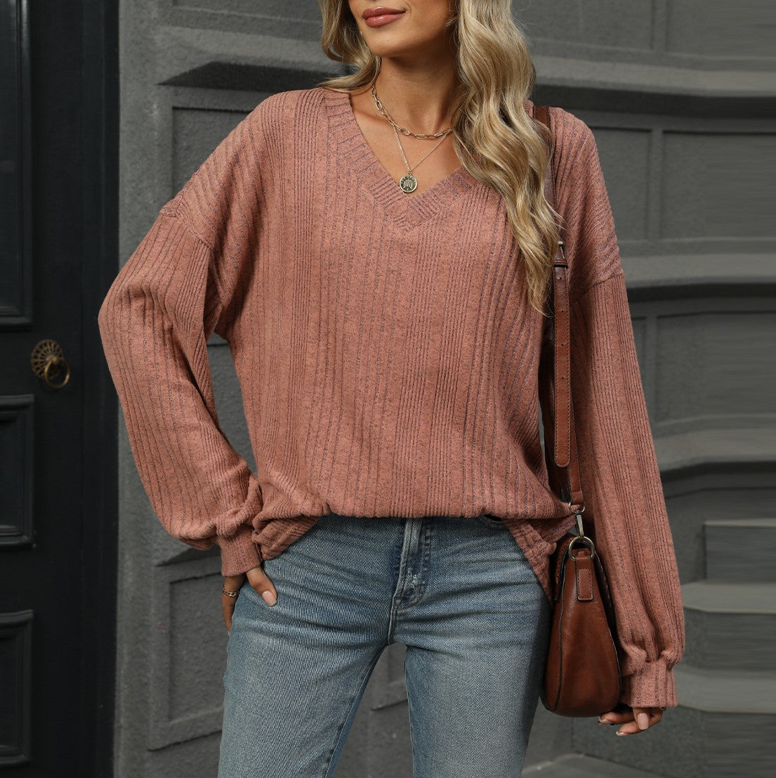Ribbed V Neck Balloon Sleeve Knit Top - Brickred - 1
