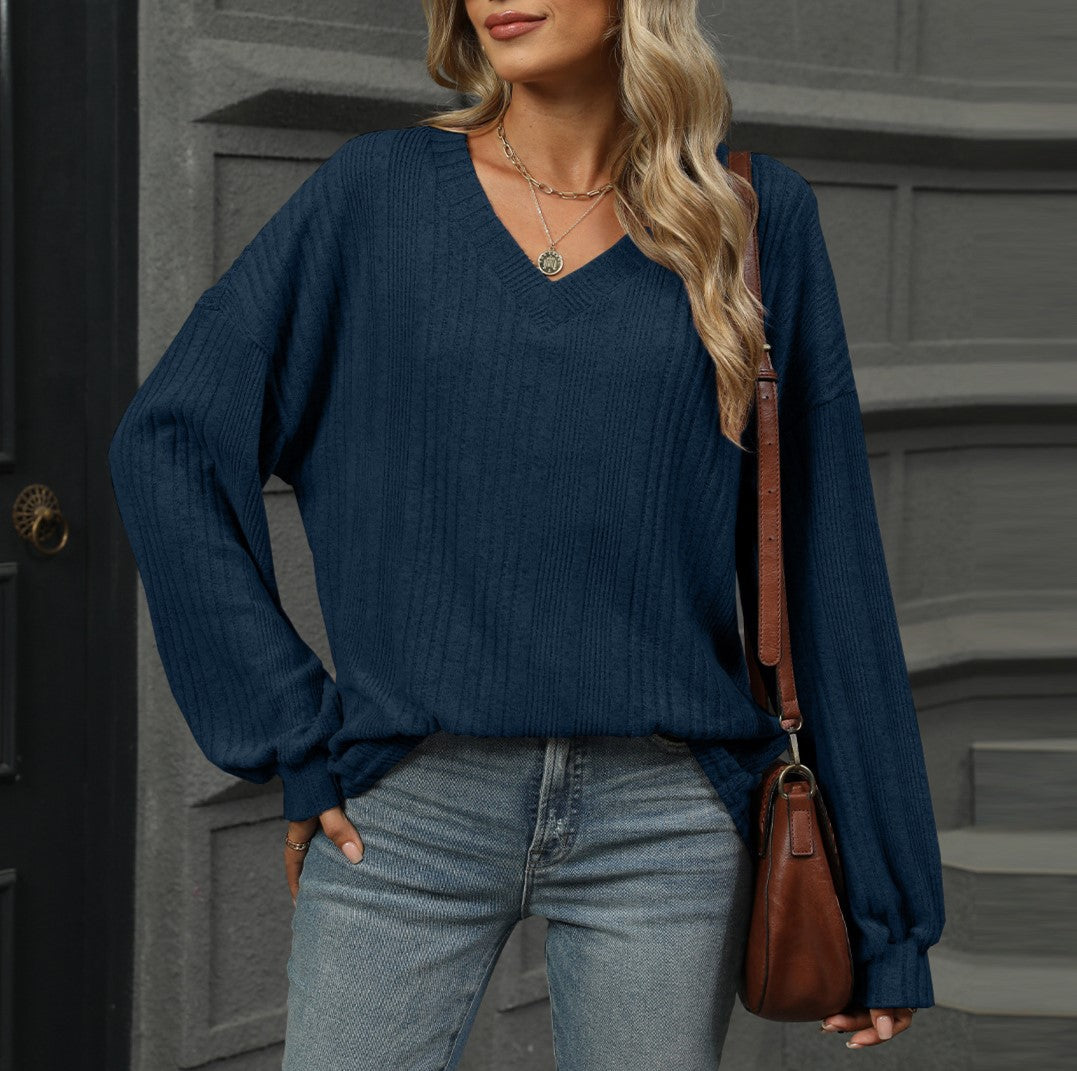 Ribbed V Neck Balloon Sleeve Knit Top - Navyblue - 1